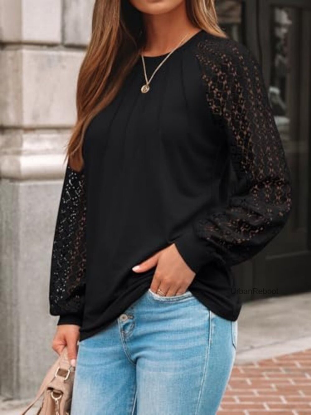 Womens Long Sleeve Pleated Lace Top Business Casual Blouse - Picture 3 of 6